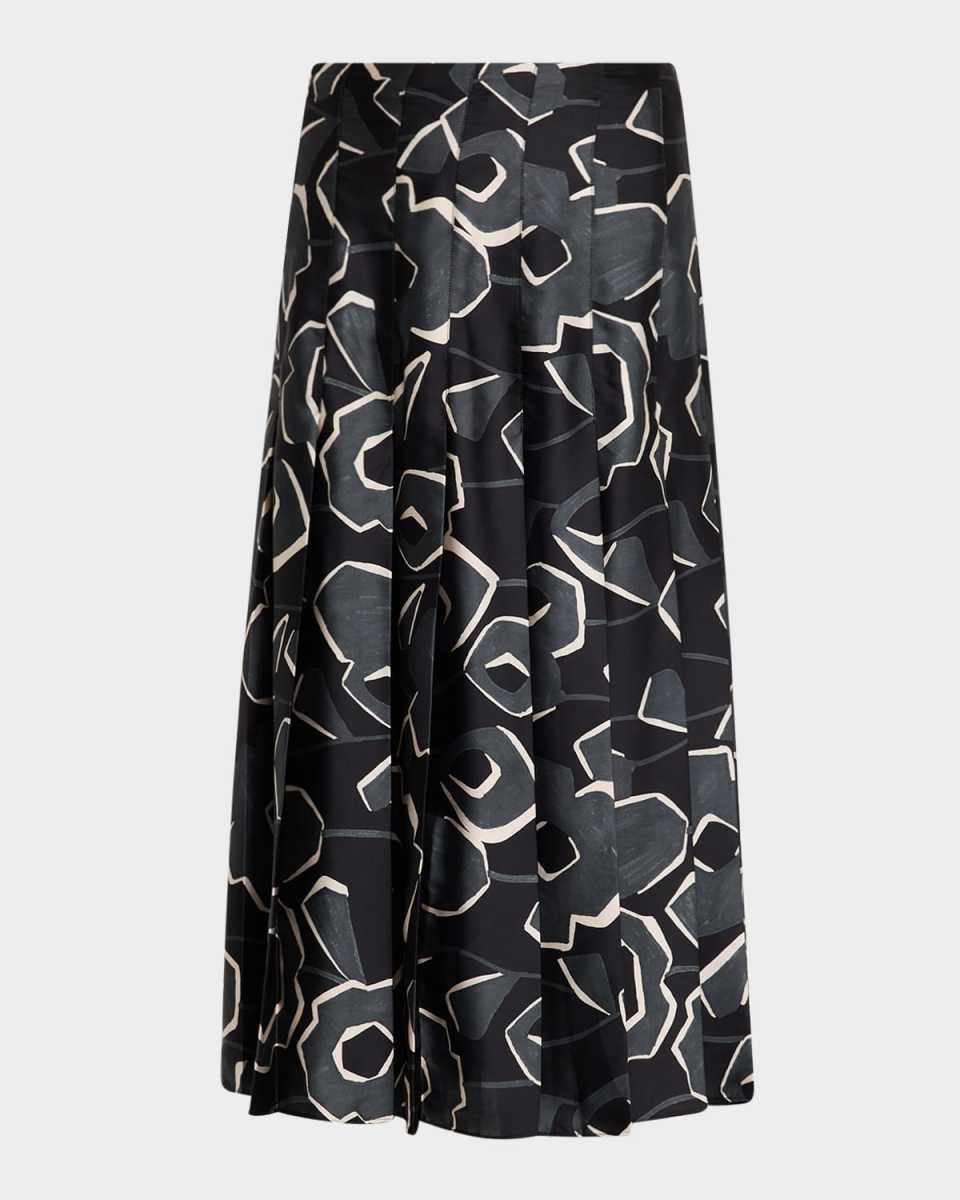 Cubist Floral-Print Pleated Midi Skirt